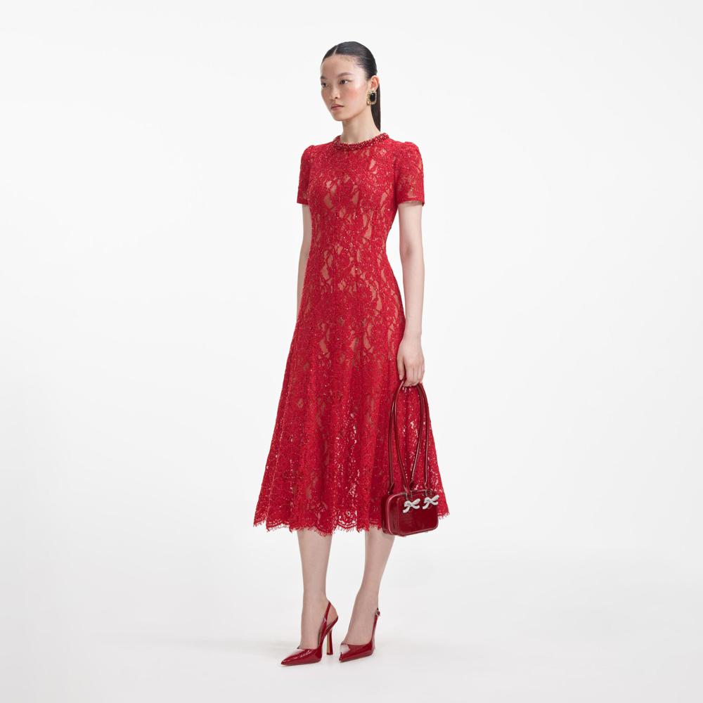 SELF PORTRAIT VIP SS24 Red Sequin Lace Midi Dress