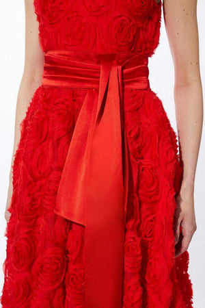 Karen Millen UK SALE Romantic Rosette Texture Woven Prom Midi Dress - red