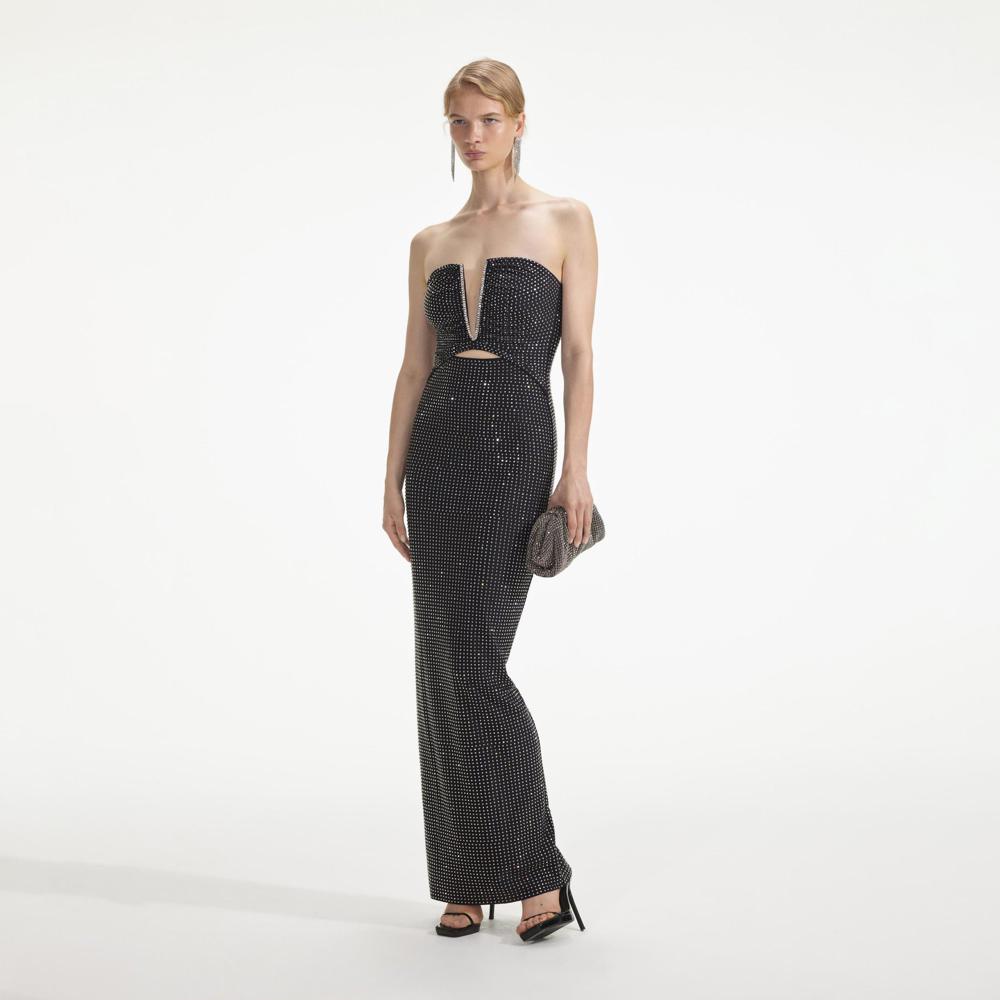 SELF PORTRAIT SS24 Black Jersey Rhinestone Maxi Dress