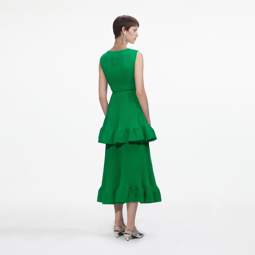 SELF PORTRAIT SS24 Green Tiered Chiffon Midi Dress