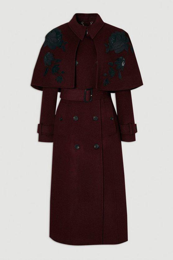 Karen Millen UK SALE Brushed Wool Pu Mix Placed Floral Embroidery Applique Tailored Cape Full Skirted Midi Coat - burgundy