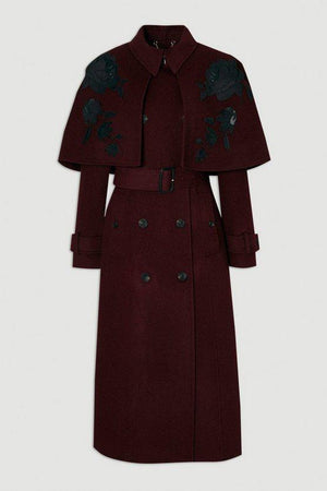 Karen Millen UK SALE Brushed Wool Pu Mix Placed Floral Embroidery Applique Tailored Cape Full Skirted Midi Coat - burgundy