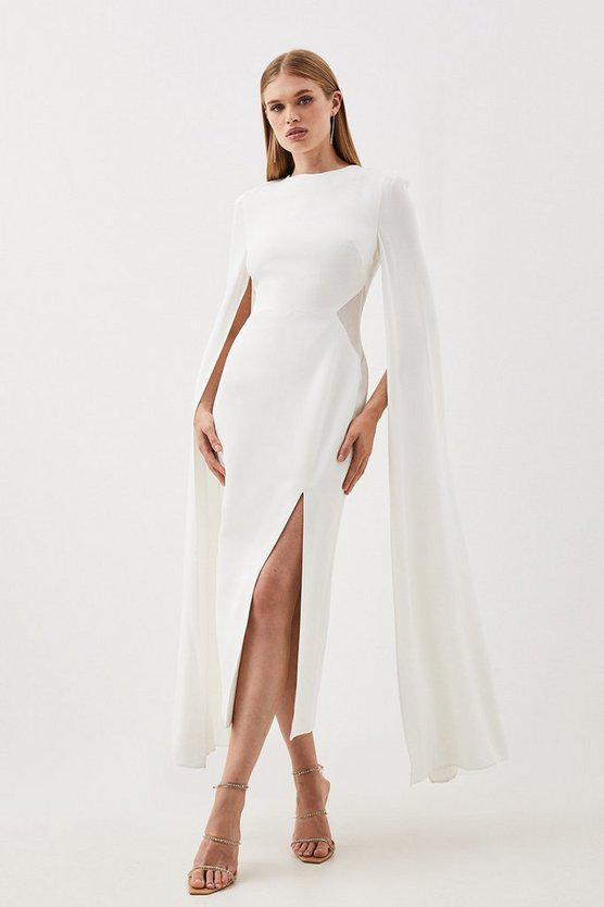 Karen Millen UK SALE Tailored Compact Stretch Viscose Cape Mesh Panel Midi Dress - ivory