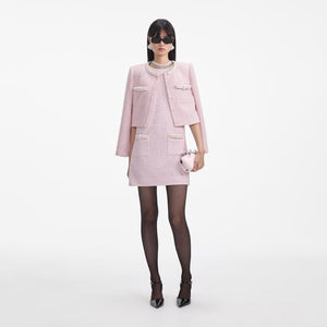 SELF PORTRAIT SS24 Pink Boucle Pearl Trim Mini Dress