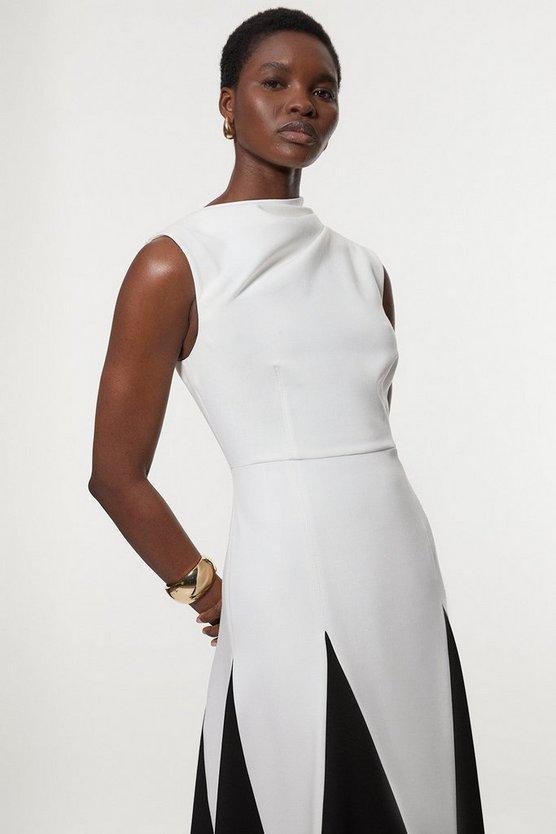 Karen Millen UK SALE Compact Stretch Tailored Colour Block Full Skirted Midi Dress - ivory