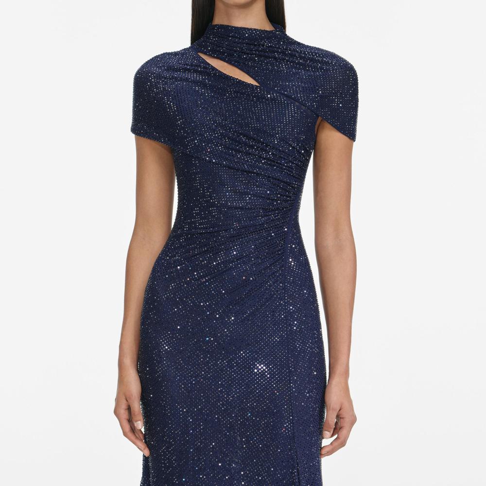 SP VIP PRICE Navy Rhinestone Mesh Cut Out Midi Dress