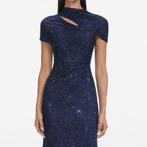 SP VIP PRICE Navy Rhinestone Mesh Cut Out Midi Dress