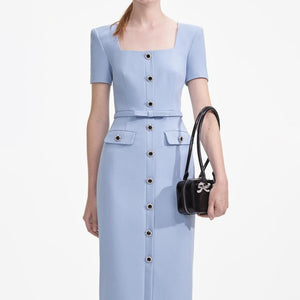 SELF PORTRAIT SS24 Blue Crepe Button Midi Dress