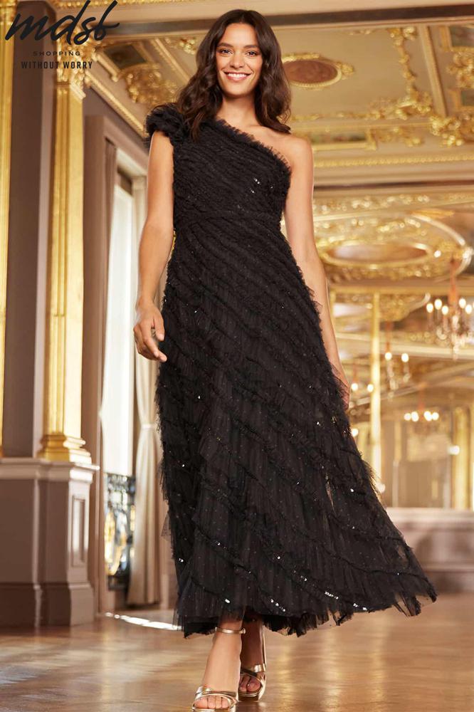 Needle & Thread CHRISTMAS SALE Spiral Sequin One-Shoulder Ankle Gown - black