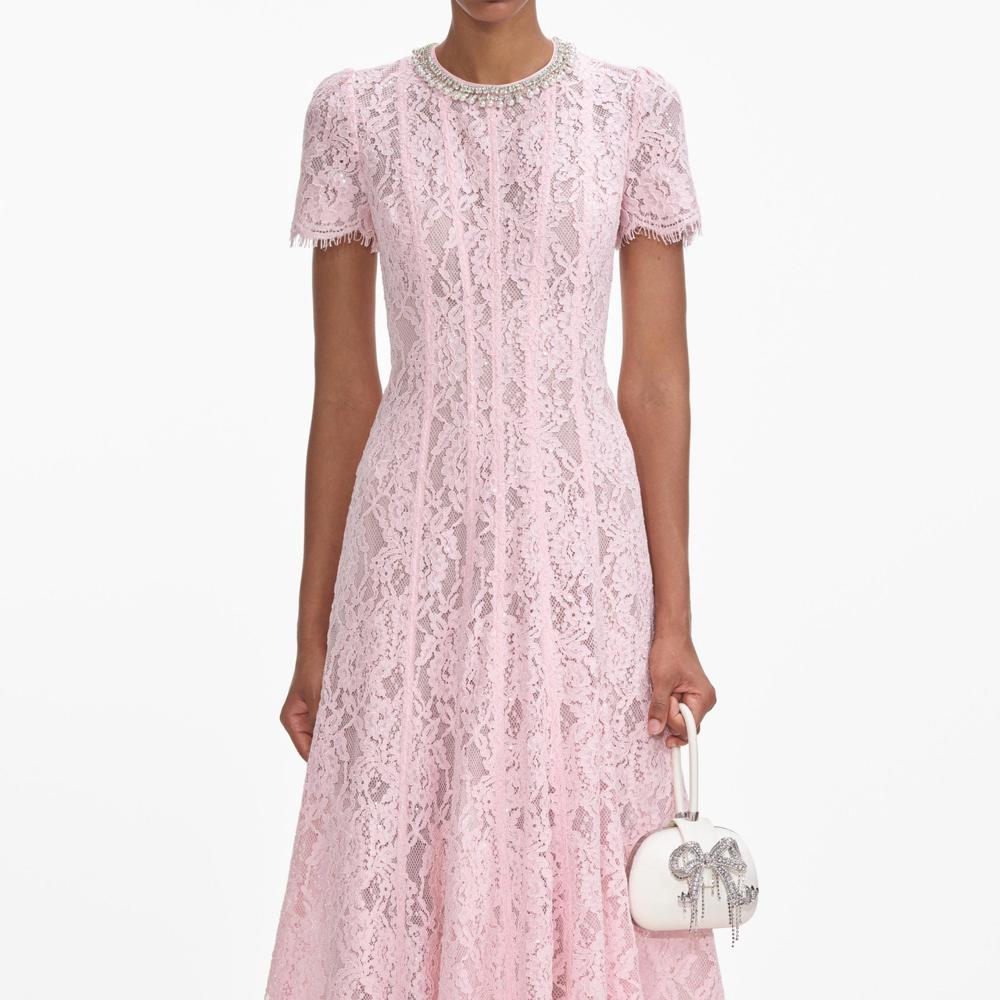 SELF PORTRAIT SS24 Pink Lace Embellished Midi Dress