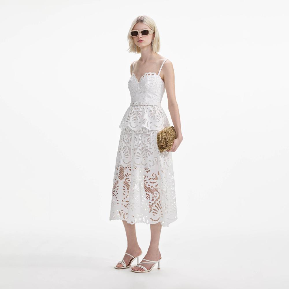 SELF PORTRAIT SS24 White Cotton Lace Tiered Midi Dress