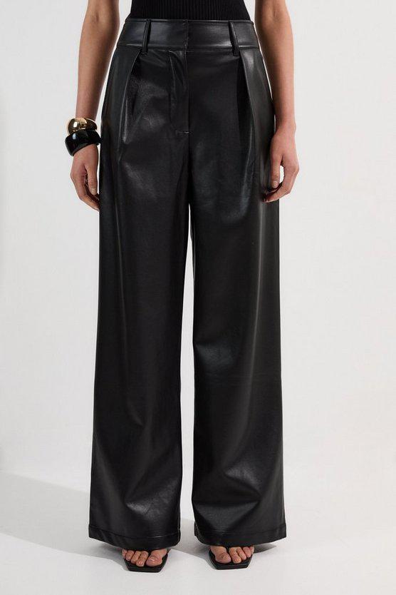 Karen Millen UK SALE Faux Leather High Waisted Wide Leg Trousers - black