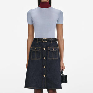 SP VIP PRICE Indigo Denim Belted Midi Skirt