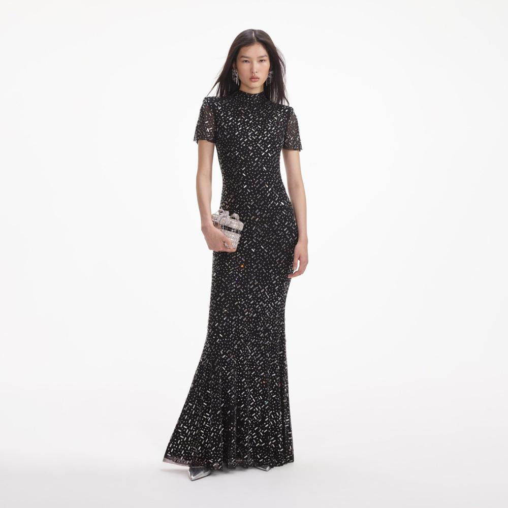 SELF PORTRAIT VIP SS24 Black Square Rhinestone Mesh Maxi Dress