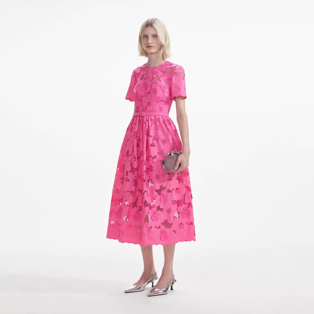 SELF PORTRAIT SS24 Pink Cotton Lace  Midi Dress