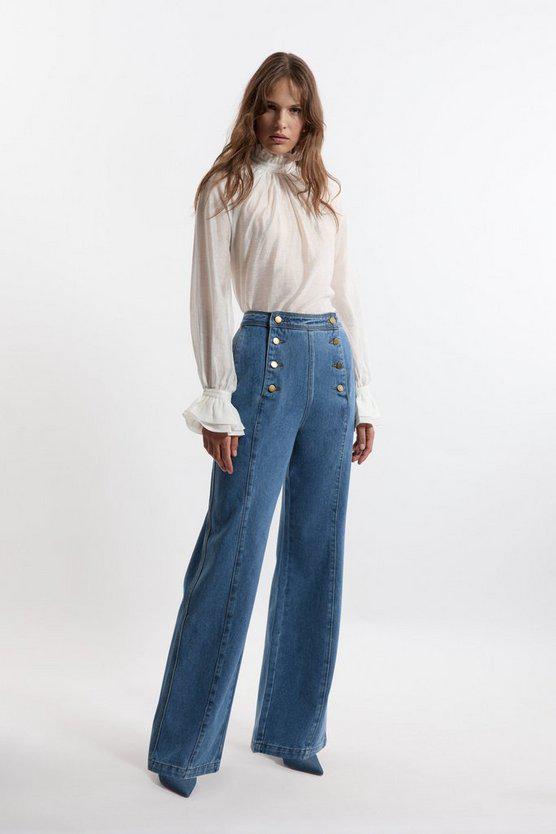 Karen Millen UK SALE Denim Tailored Button Front Straight Leg Jeans - mid blue