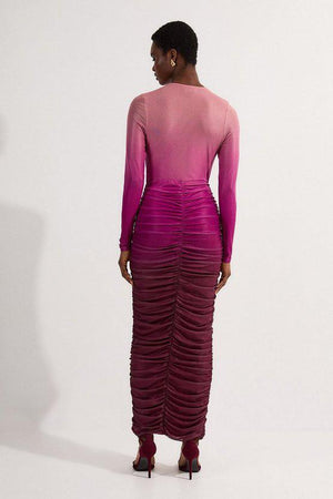 Karen Millen UK SALE Ombre Printed Mesh Ruched Long Sleeve Maxi Dress - pink