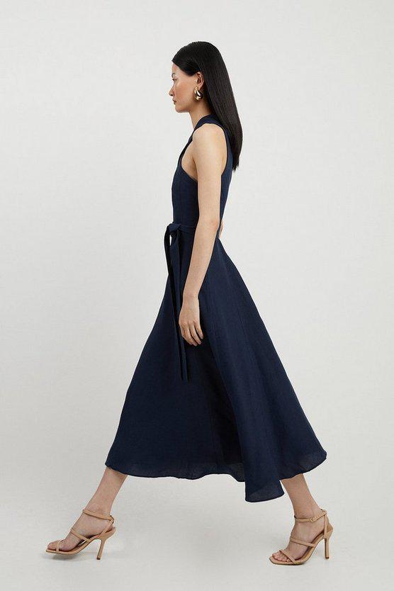 Karen Millen UK SALE Petite Tailored Linen Halterneck Full Skirted Midi Dress