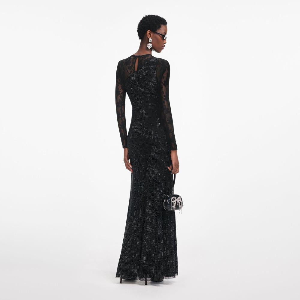 SP VIP PRICE Black Rhinestone Lace Sleeves Maxi Dress