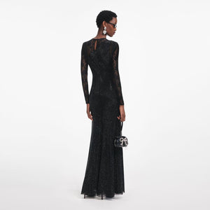 SP VIP PRICE Black Rhinestone Lace Sleeves Maxi Dress