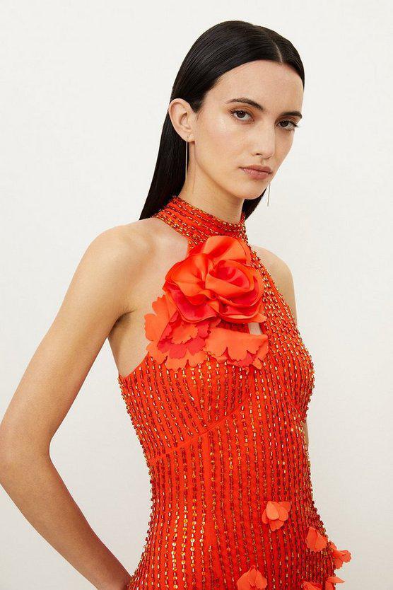 Karen Millen UK SALE Floral Applique Crystal Embellished Woven Maxi Rosette Maxi Dress - orange