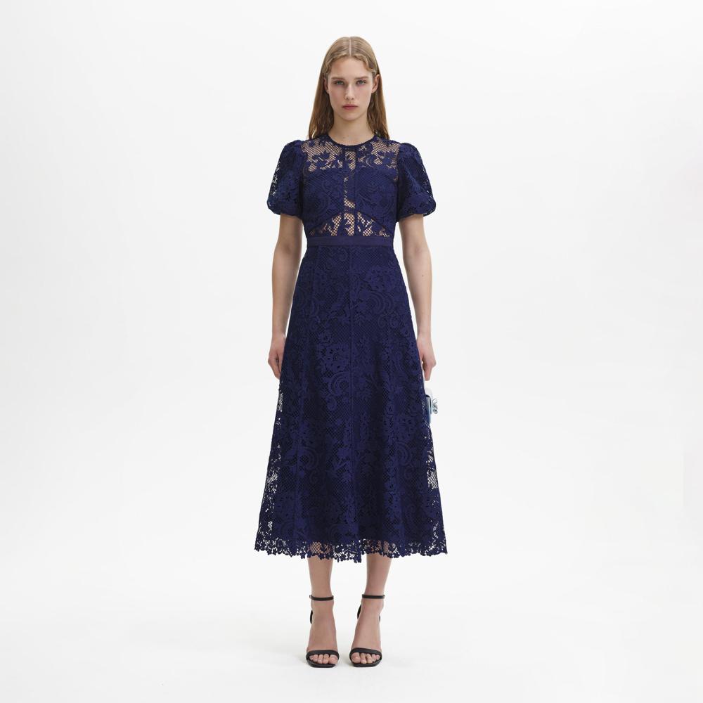 SELF PORTRAIT BLACK FRIDAY SALE Navy Lace Puff Sleeve Midi Dress