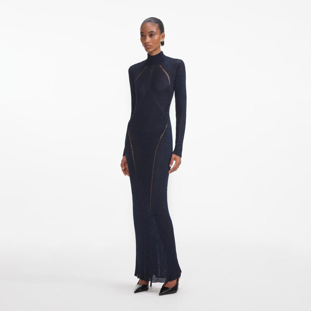 SELF PORTRAIT VIP SS24 Navy Lurex Knit Maxi Dress