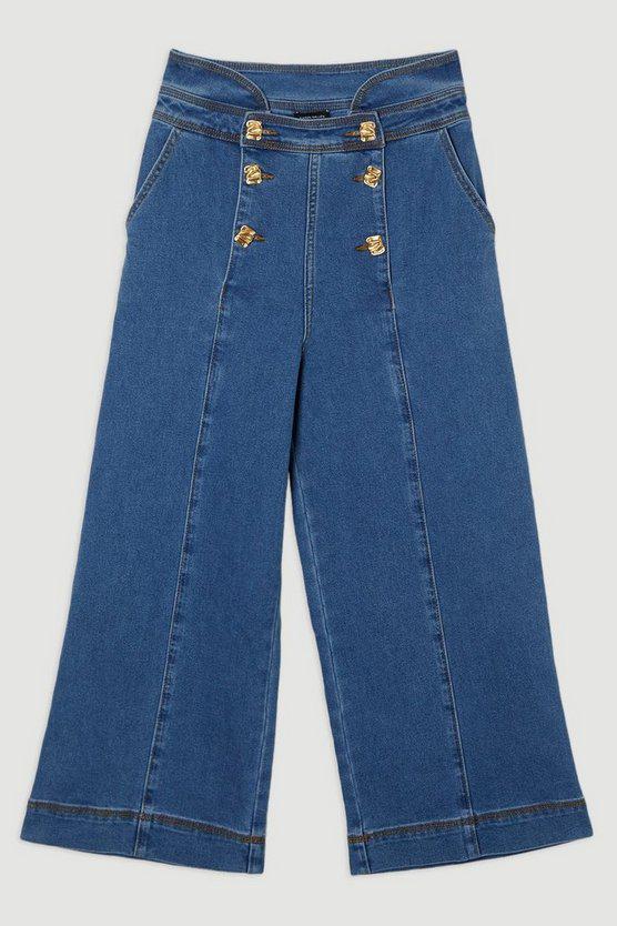 Karen Millen UK SALE Denim Button Front Culottes Trousers - mid blue
