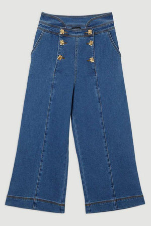 Karen Millen UK SALE Denim Button Front Culottes Trousers - mid blue