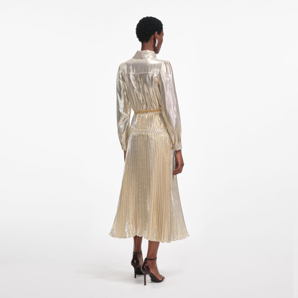 SP VIP PRICE Gold Metallic Tie Neck Midi Dress