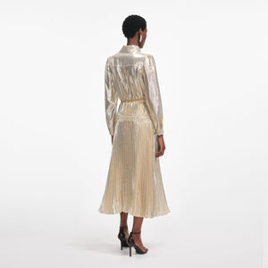 SP VIP PRICE Gold Metallic Tie Neck Midi Dress
