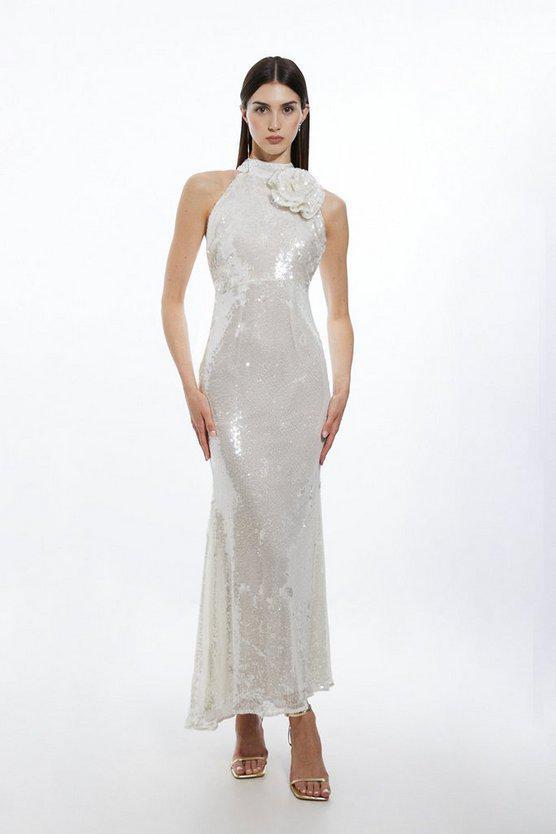 Karen Millen UK SALE Sequin Rosette Halter Woven Maxi Dress - white