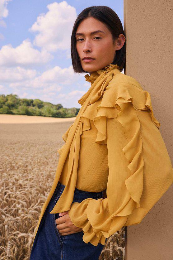 Karen Millen UK SALE Georgette Ruffle Woven Pussy Bow Blouse - ochre