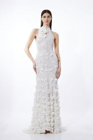 Karen Millen UK SALE Floral Applique Crystal Embellished Woven Maxi Rosette Maxi Dress - ivory