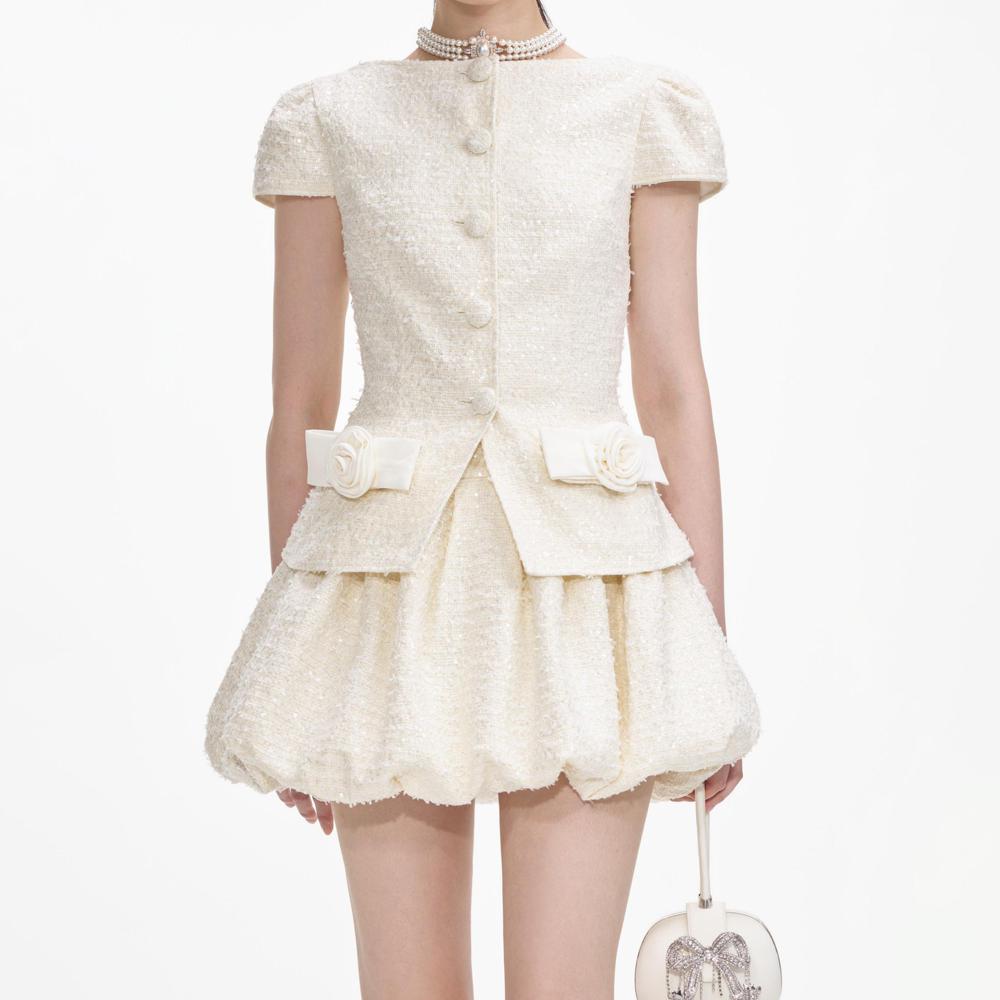 SELF PORTRAIT SS24 Cream Boucle Bow Detail Mini Dress