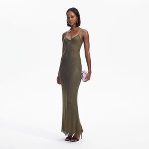 SELF PORTRAIT BLACK FRIDAY SALE Khaki Rhinestone Maxi Dress