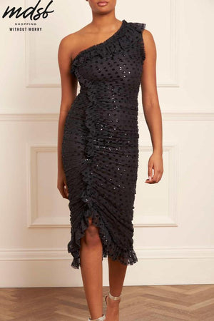 Needle & Thread SUMMER SALE Dotty Rouched One-Shoulder Ballerina Dress - black