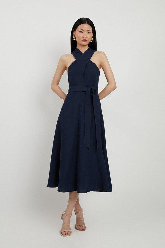 Karen Millen UK SALE Petite Tailored Linen Halterneck Full Skirted Midi Dress