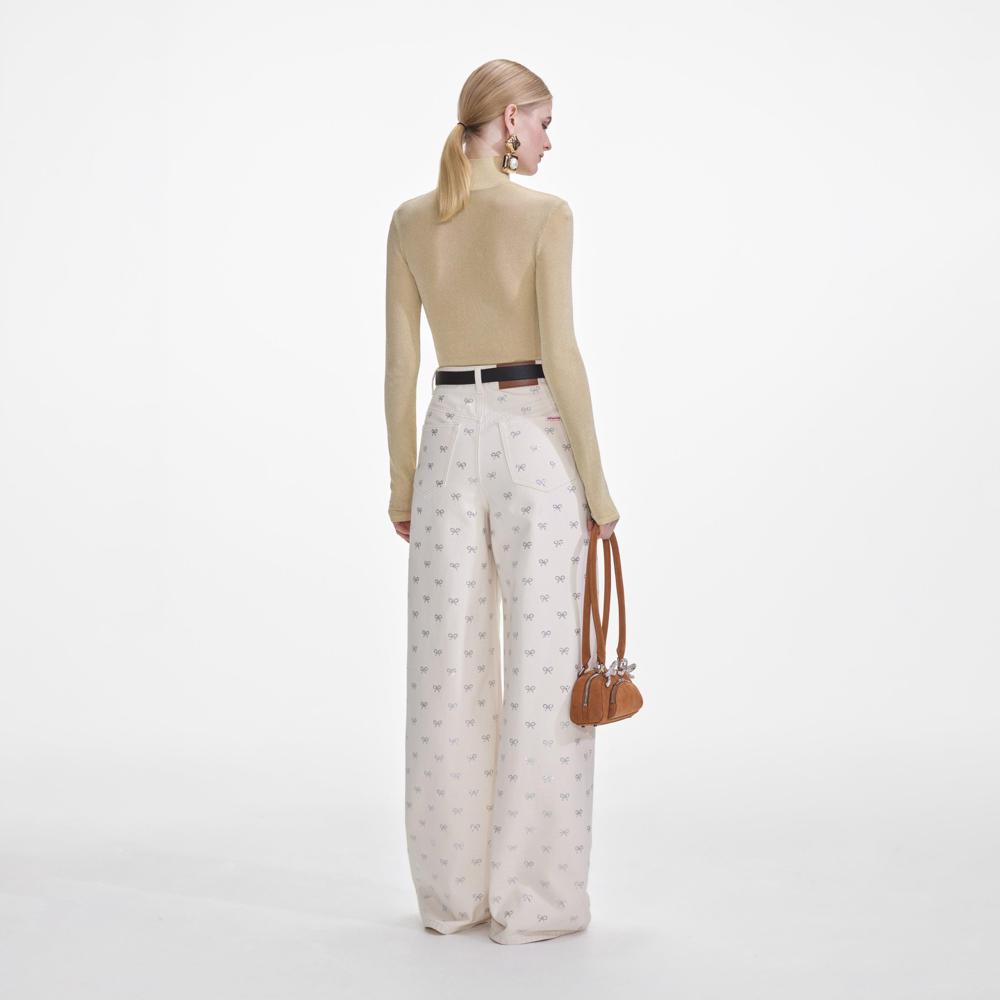 SP VIP PRICE Cream Denim Diamante Bow Jeans