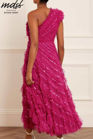 Needle & Thread CHRISTMAS SALE Spiral Sequin One-Shoulder Ankle Gown - pink