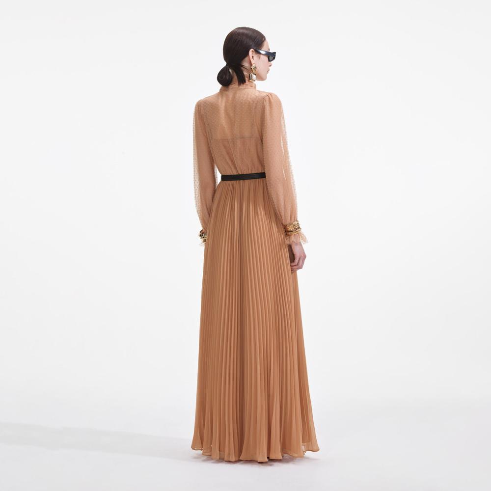 SELF PORTRAIT SS25 VIP PRICE Tan Dot Mesh Maxi Dress