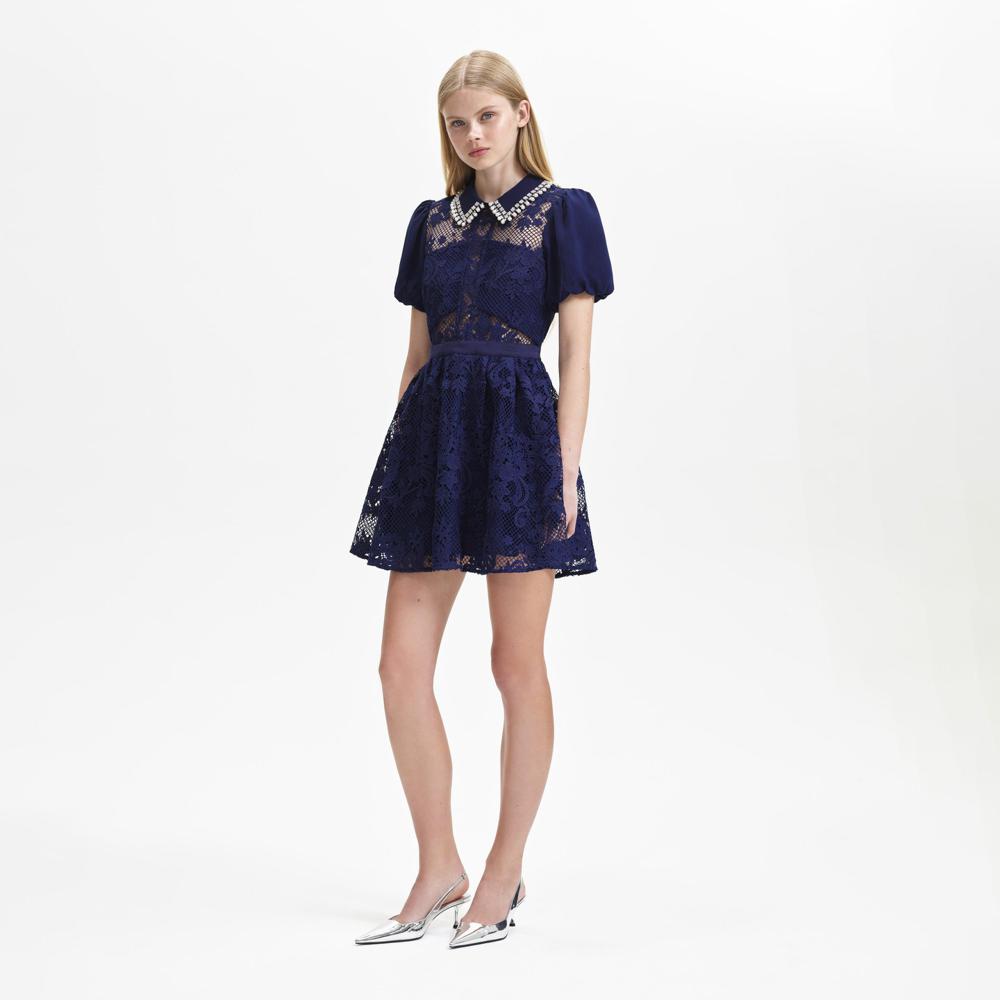 SELF PORTRAIT BLACK FRIDAY SALE Navy Lace Diamante Collar Mini Dress