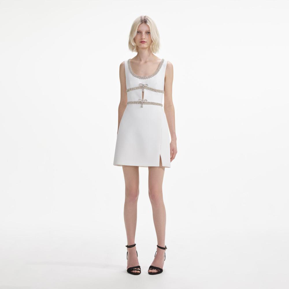 SELF PORTRAIT SS24 White Diamante Bow Trim Mini Dress