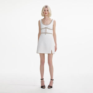 SELF PORTRAIT SS24 White Diamante Bow Trim Mini Dress