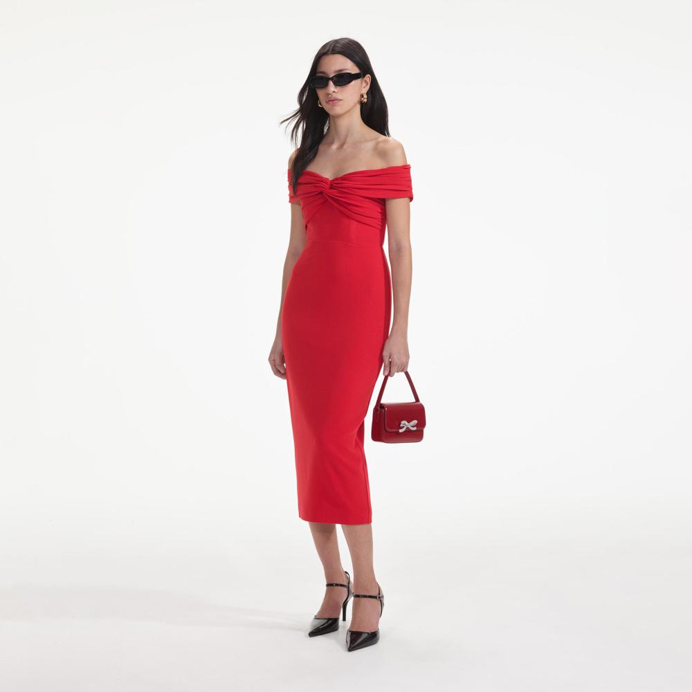 SELF PORTRAIT SS24 Red Off Shoulder Midi Dress