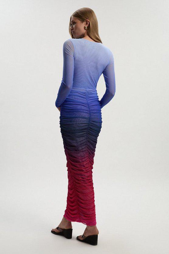 Karen Millen UK SALE Ombre Printed Mesh Ruched Long Sleeve Maxi Dress - purple
