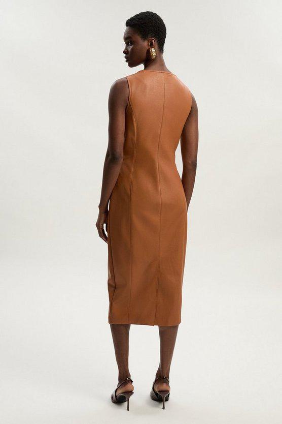 Karen Millen UK SALE Faux Leather Button Detail Midi Pencil Dress - camel