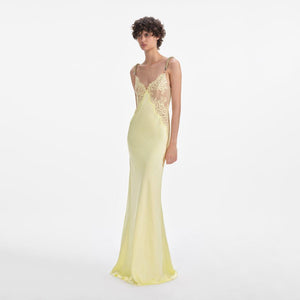 SELF PORTRAIT SS25 VIP PRICE Yellow Lace Satin Maxi Dress