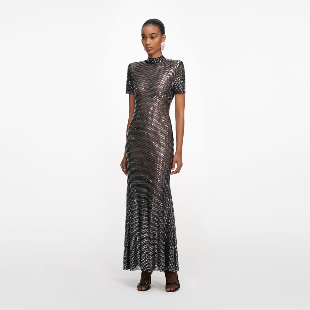 SP VIP PRICE Gunmetal Rhinestone Mesh Midi Dress