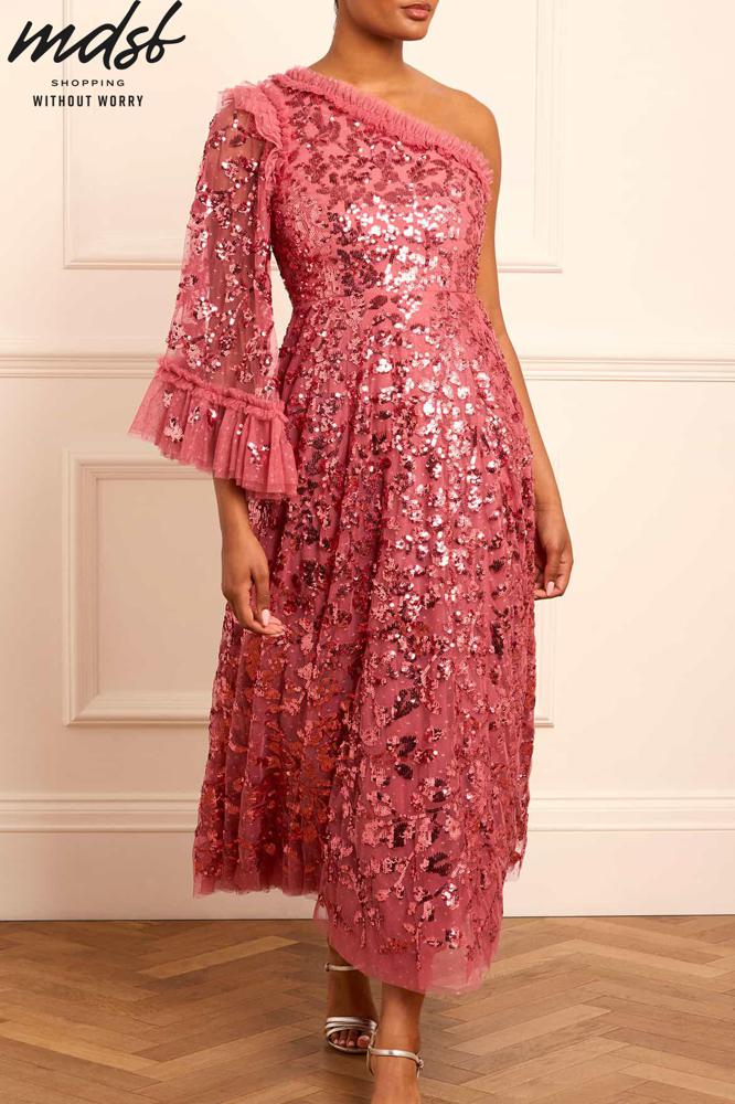 Needle & Thread CHRISTMAS SALE Falling Leaves One-Shoulder Ankle Gown - pink